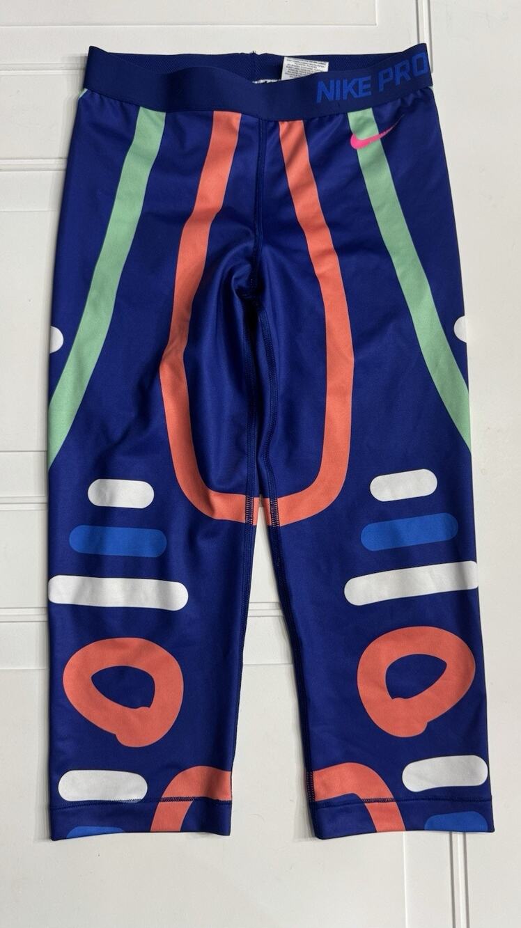 Nike Pro Dri Fit Womens Sz M Cropped Leggings Blue Loops and Lines Yoga